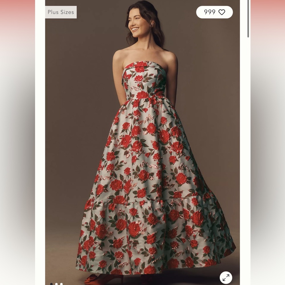 Mac Duggal Red and Green Floral Strapless Gown